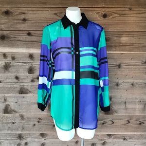 SOLO Moda Sheer Color Block Long Sleeve Button Down Blouse Size 6